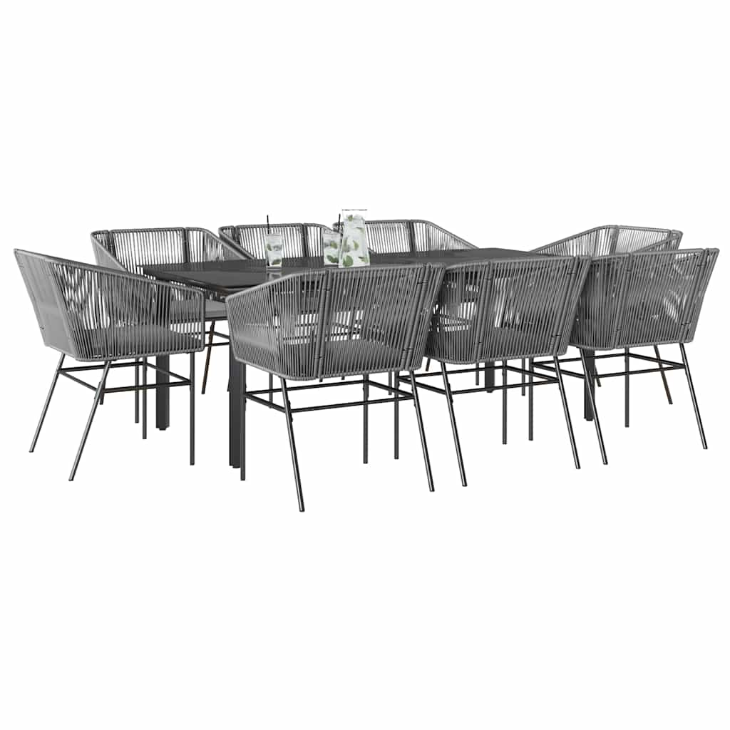 9 Piece Garden Dining Set with Cushions Grey Poly Rattan Glass