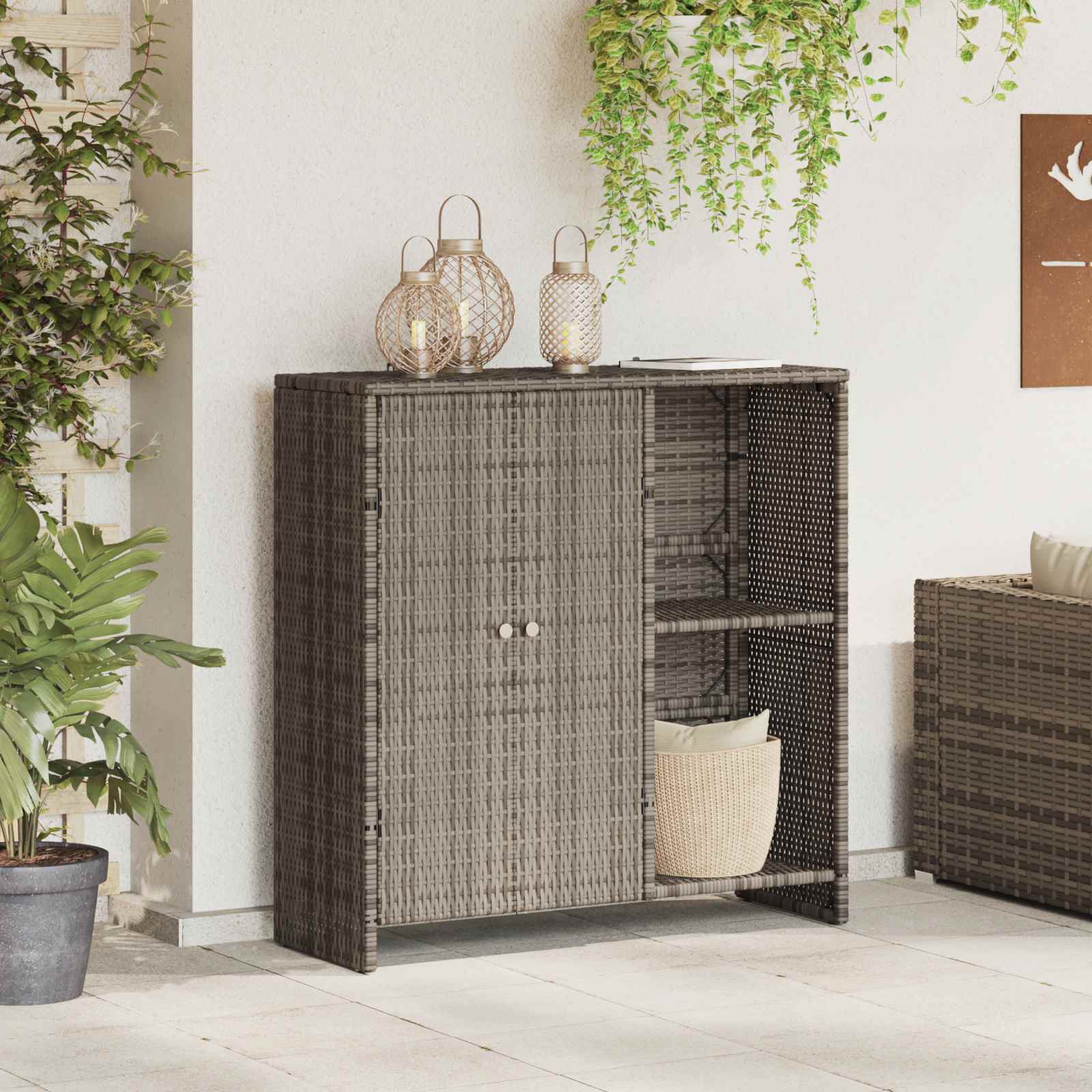 Storage Cabinet with Shelf Grey 100 x 36 x 102 cm Rattan