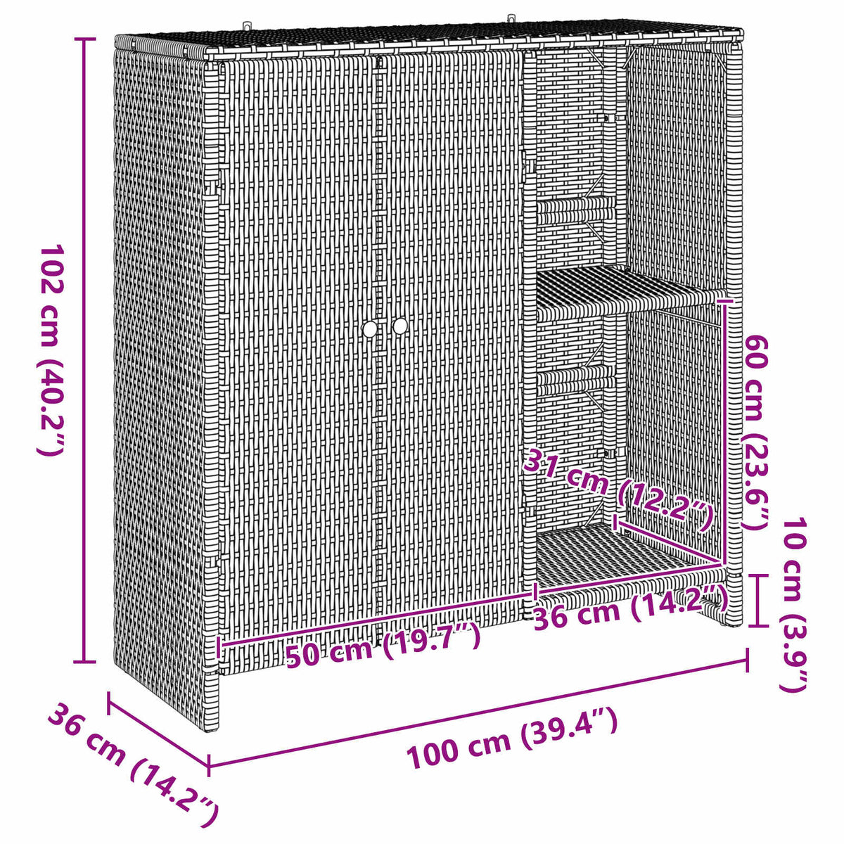 Storage Cabinet with Shelf Grey 100 x 36 x 102 cm Rattan