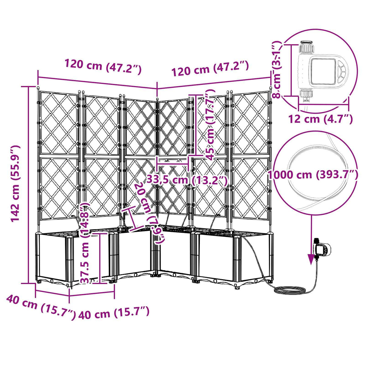 Garden Planter 3 pcs Grey 120 x 40 x 143 cm Steel