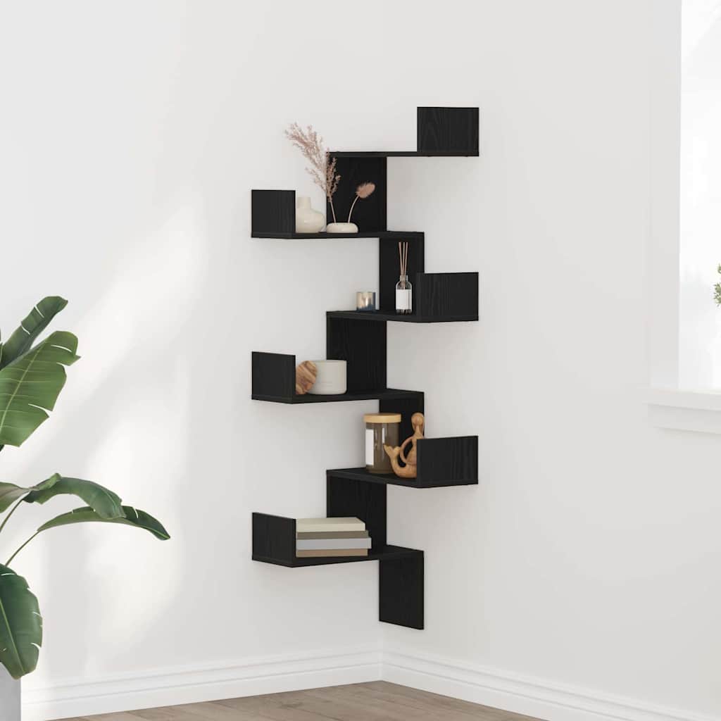 Wall Corner Shelf with Shelf Black Oak 45 x 45 x 147 cm