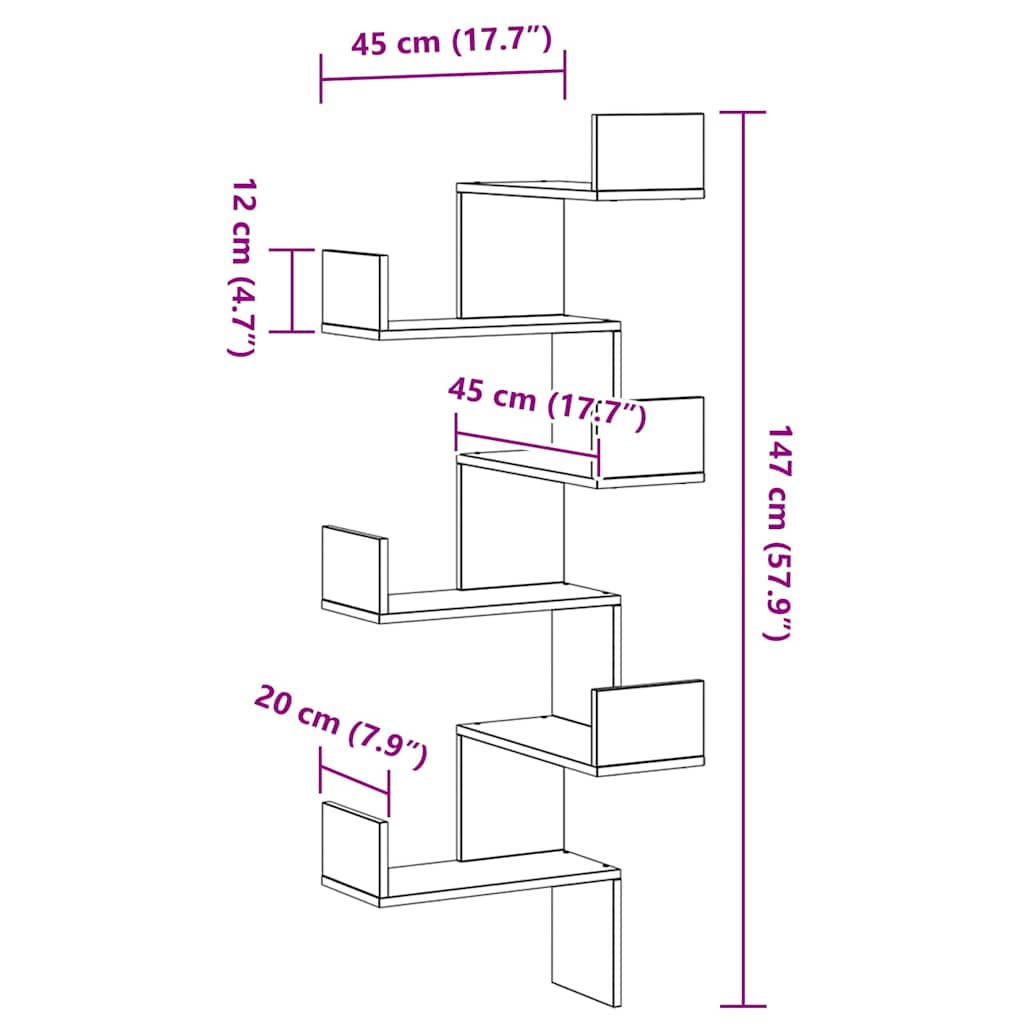 Wall Corner Shelf with Shelf Black Oak 45 x 45 x 147 cm