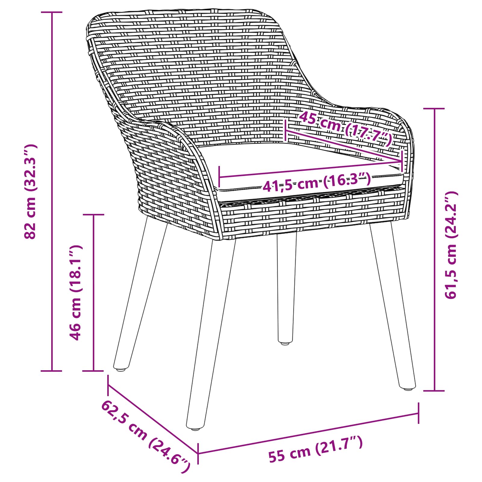 Garden Chair 2 pcs Black 62.5 x 55 x 82 cm Poly Rattan