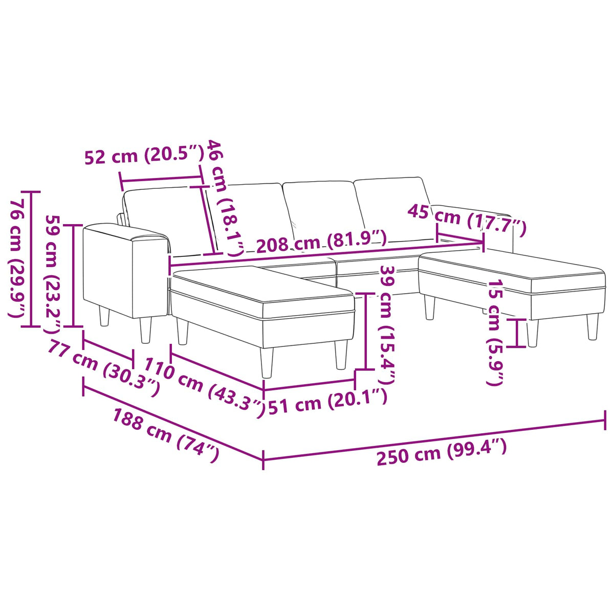 Living Room Couch 3 pcs Black 250 x 188 x 76 cm