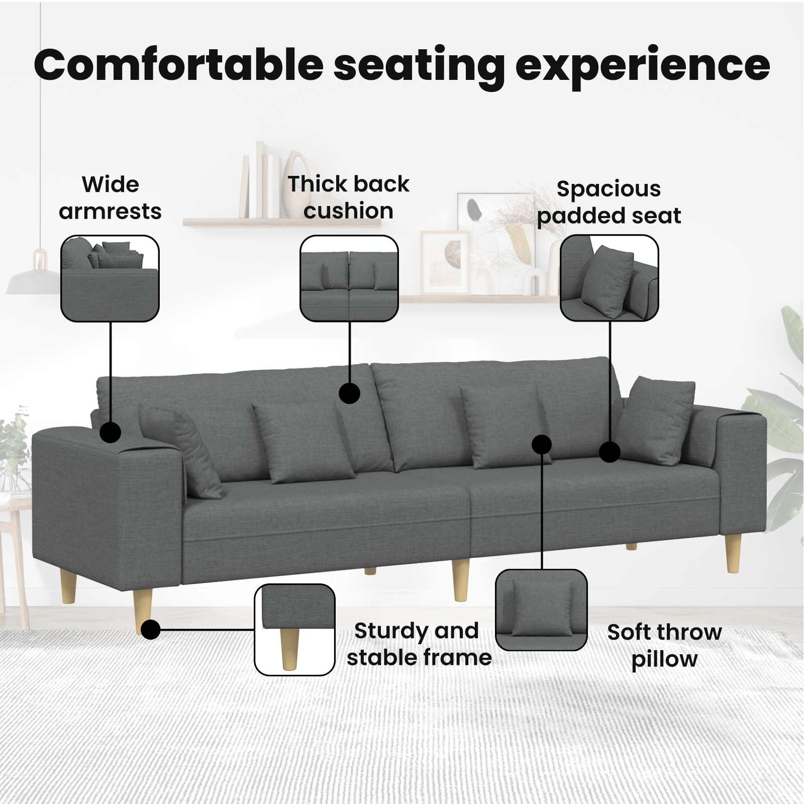 Sofa with Cushion 3 pcs Dark Grey Fabric