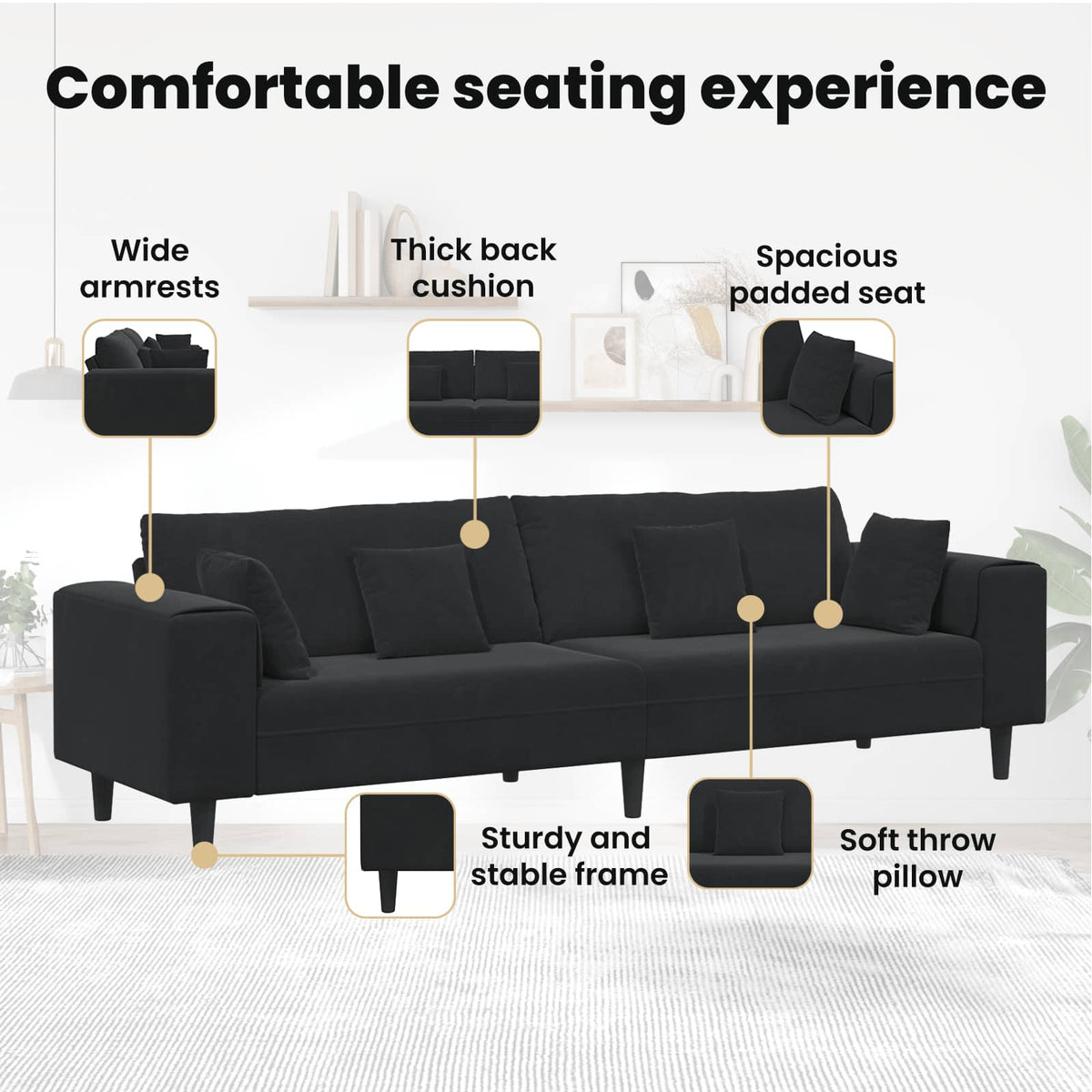 Sofa 3 pcs Black 250 x 188 x 76 cm Velvet