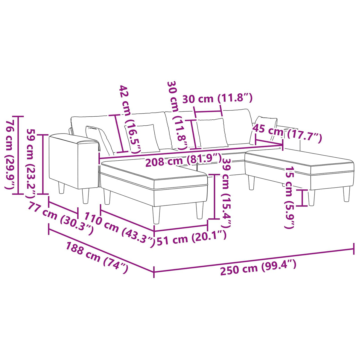 Sofa 3 pcs Black 250 x 188 x 76 cm Velvet