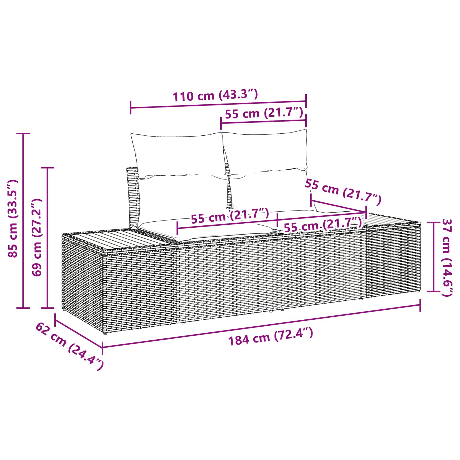 Garden Sofa Black 184 x 62 x 85cm Poly Rattan