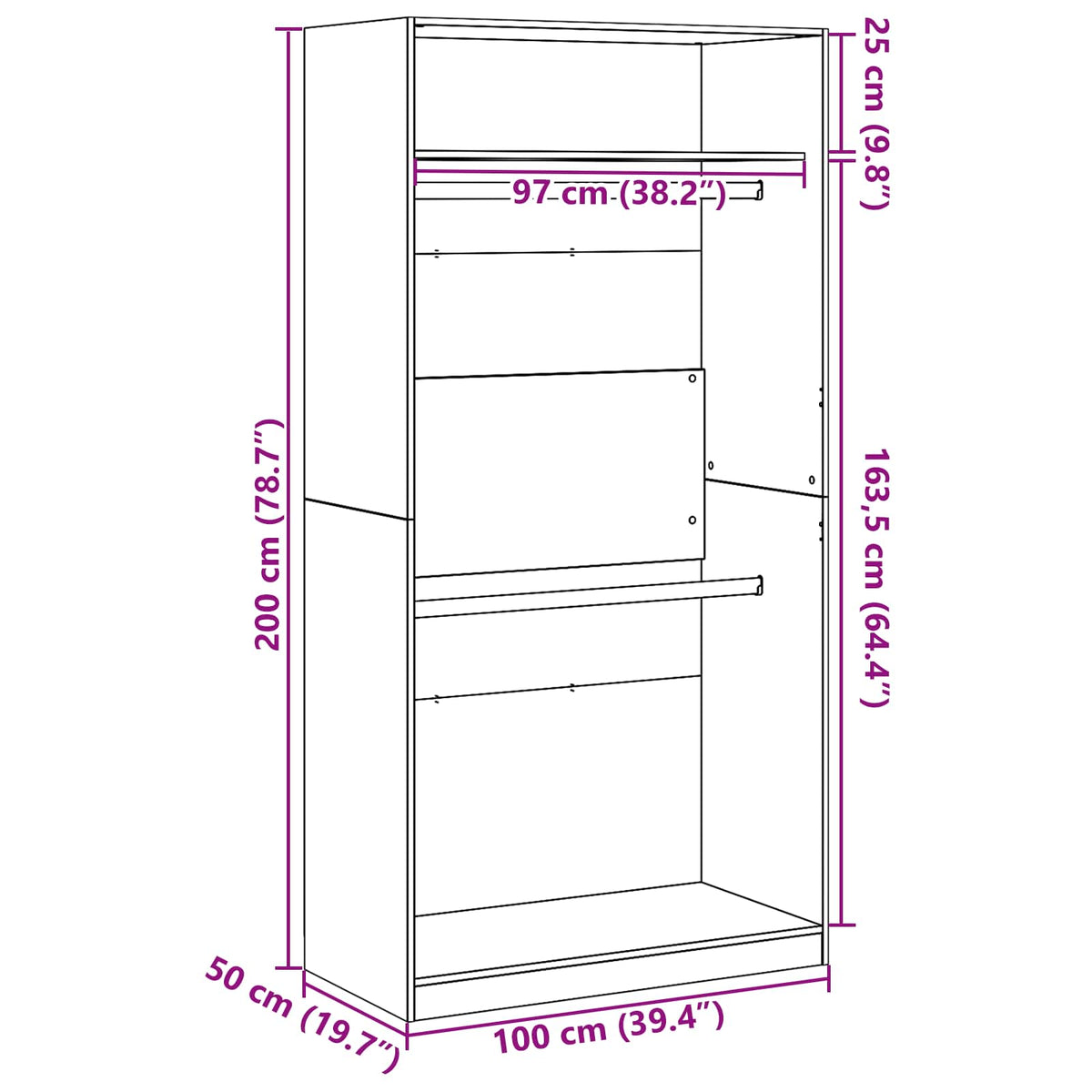 Wardrobe with Shelf Black Oak 100 x 50 x 200 cm Engineered Wood