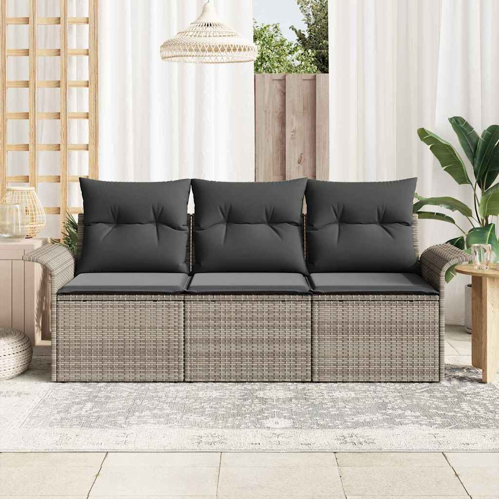 Sofa Set with Cushion 3 pcs Grey Poly Rattan
