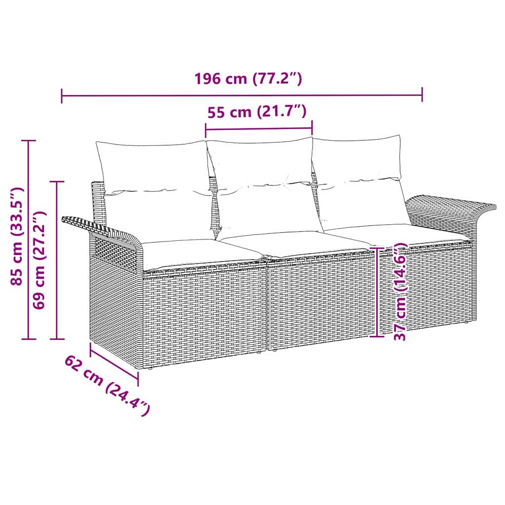 Garden Sofa Set 3 pcs Black 196 x 62 x 85cm Poly Rattan