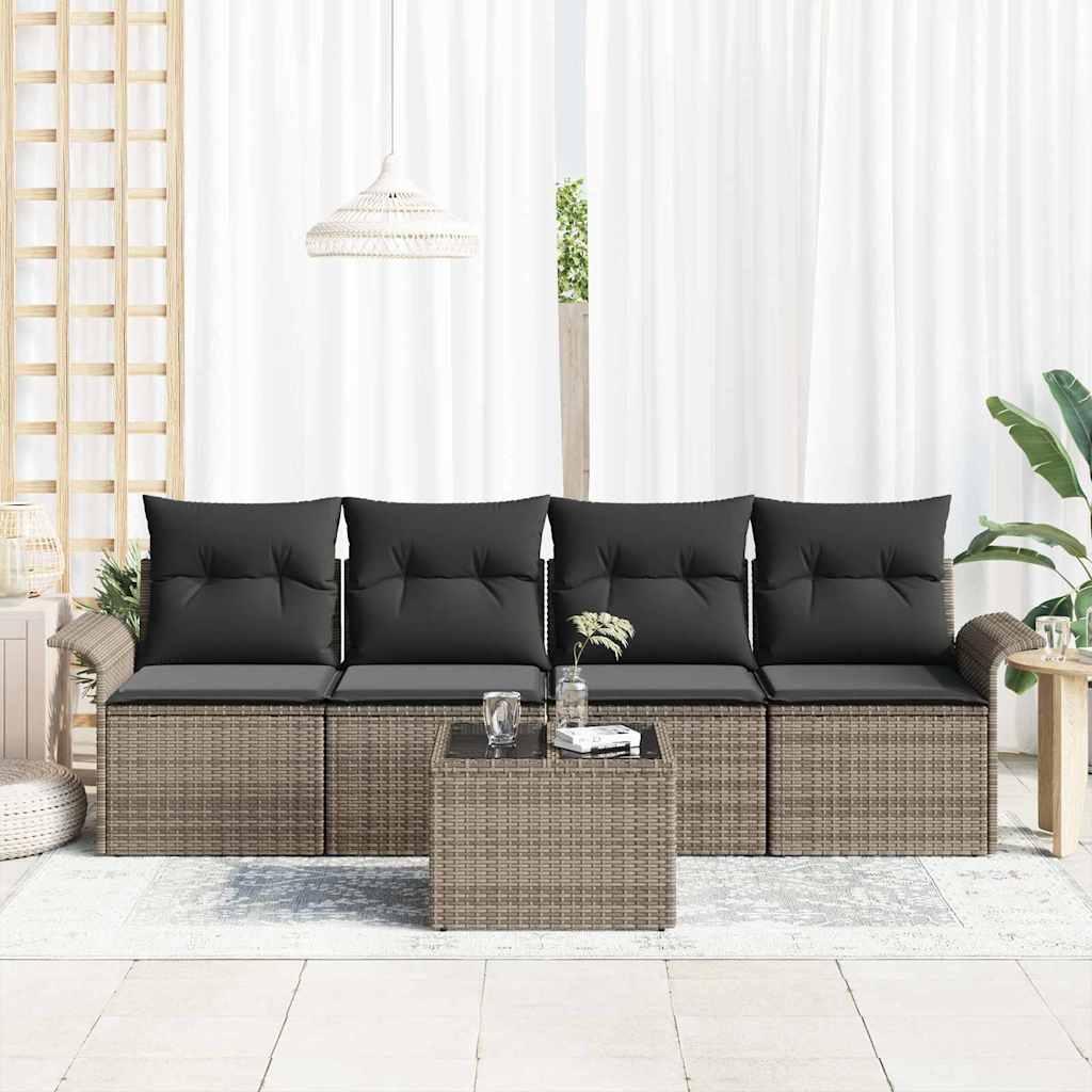 Sofa Set with Cushion 5 pcs Grey Poly Rattan