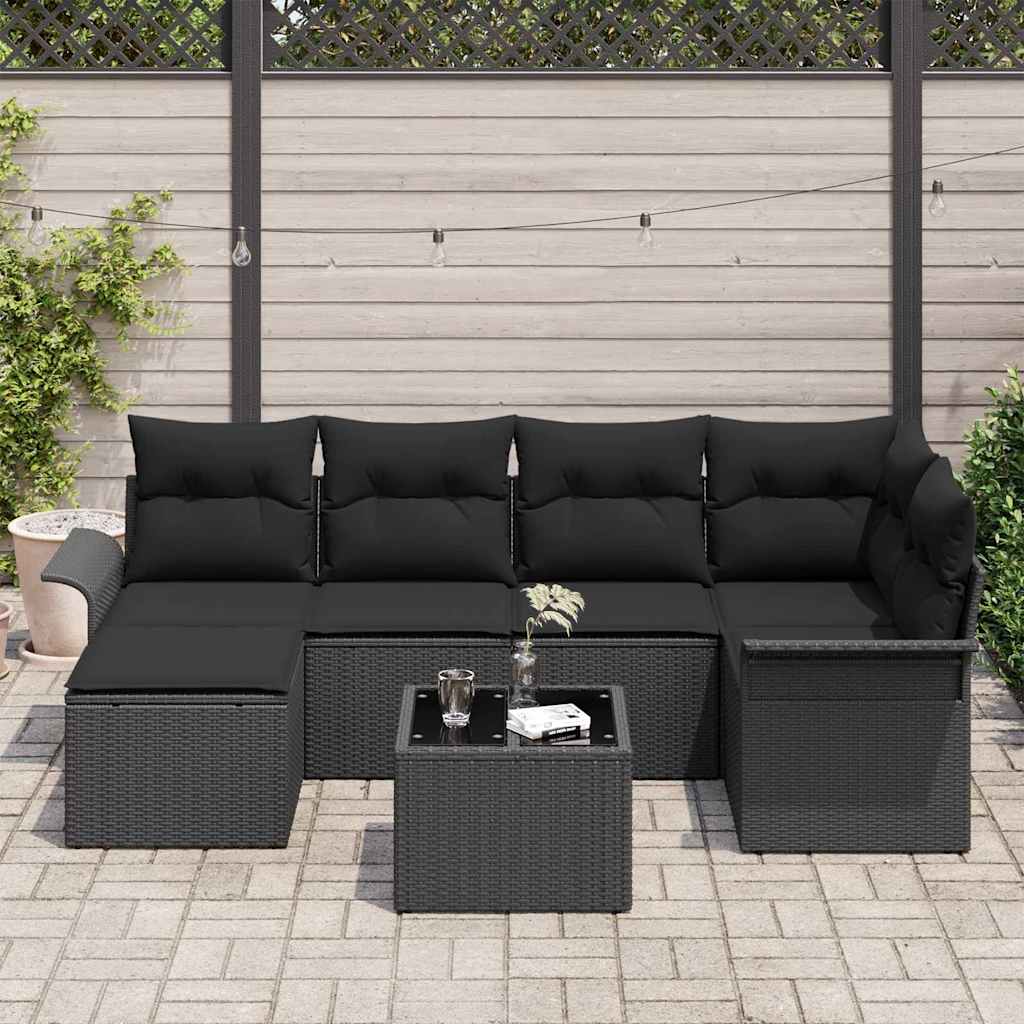 Garden Sofa Set with Cushion 7 pcs Black Poly Rattan