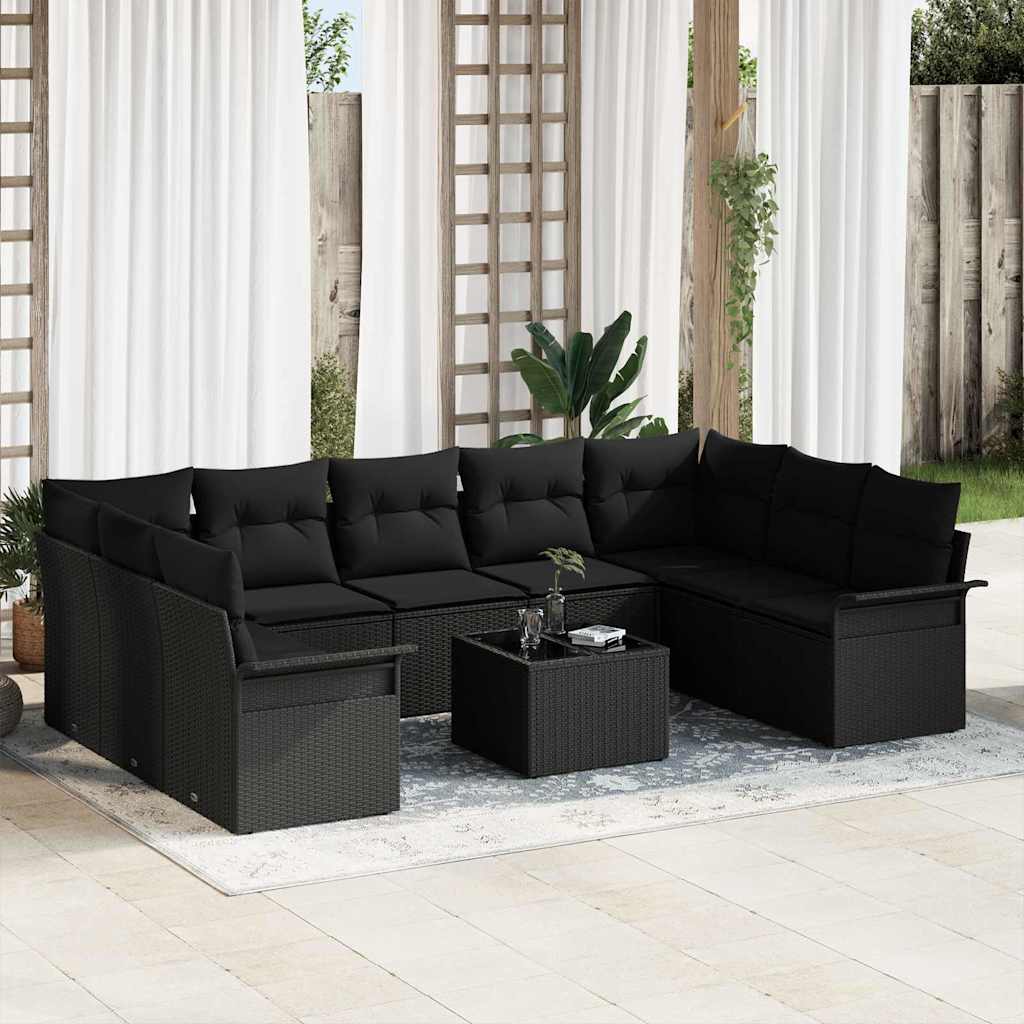 Garden Sofa Set with Cushion 10 pcs Black Poly Rattan