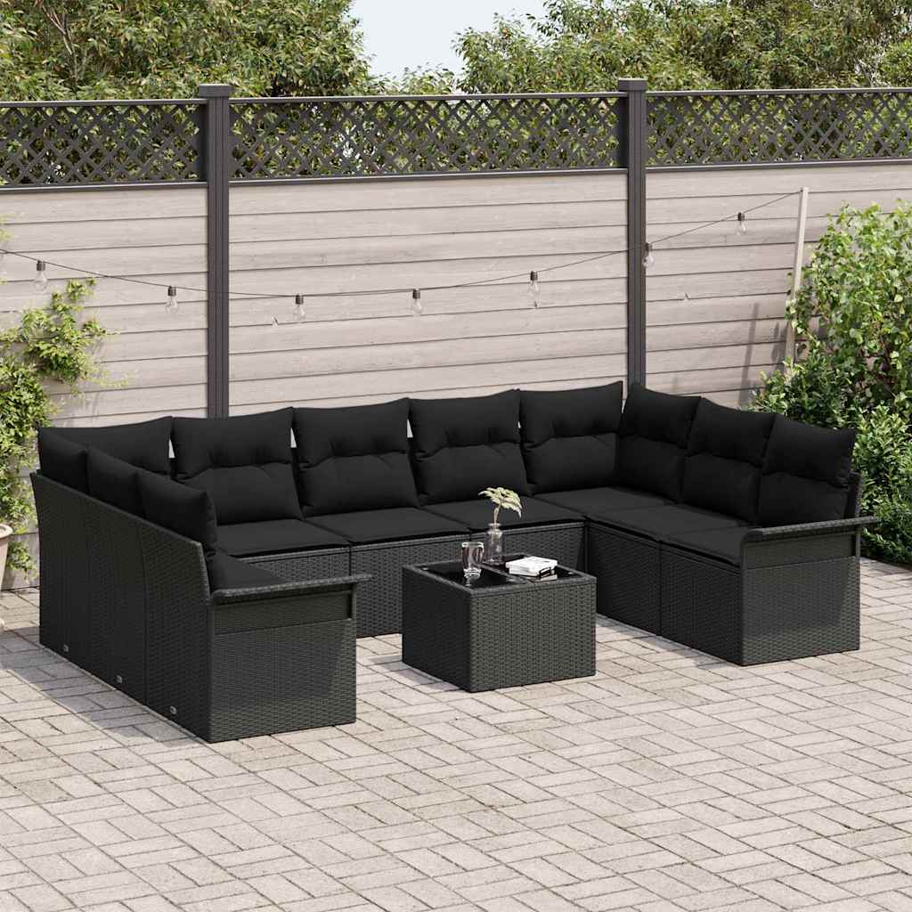 Garden Sofa Set with Cushion 10 pcs Black Poly Rattan