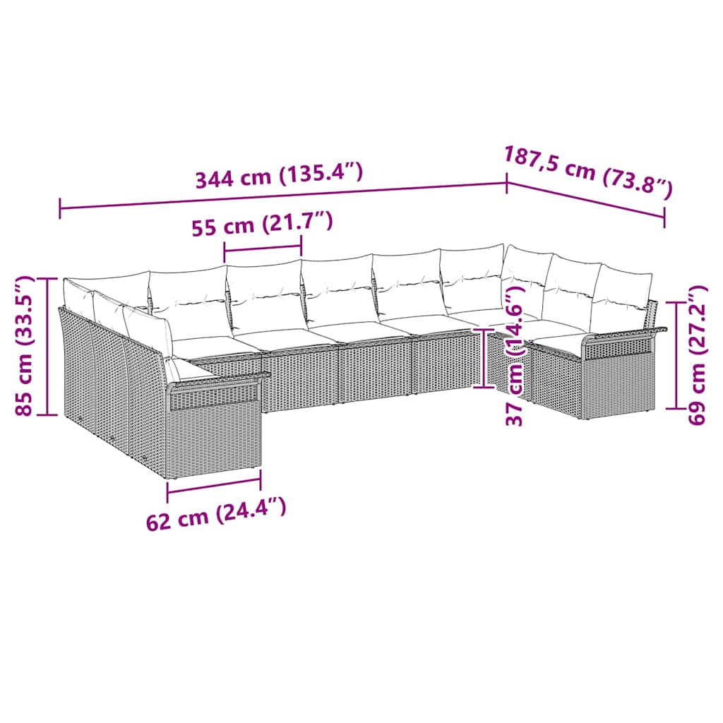 Garden Sofa Set with Cushion 10 pcs Grey Poly Rattan