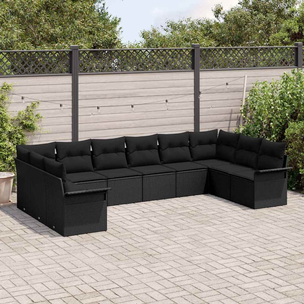Garden Sofa Set with Cushion 10 pcs Black Poly Rattan