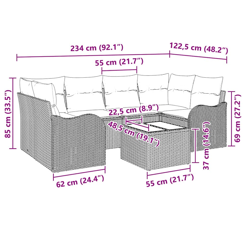 Garden Sofa Set 7 pcs Grey 55 x 55 x 37 cm Poly rattan