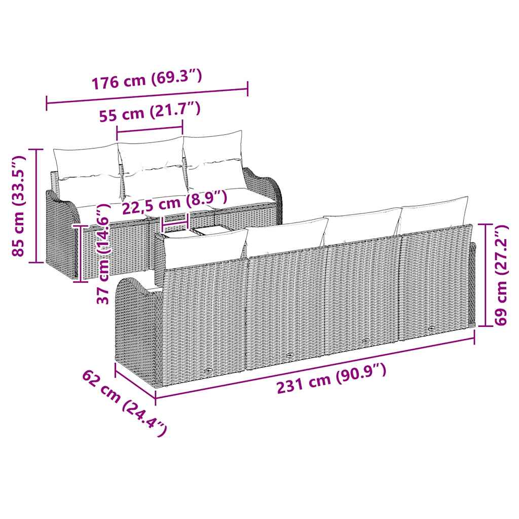 Garden Sofa Set 8 pcs Grey 55 x 55 x 37 cm Poly rattan