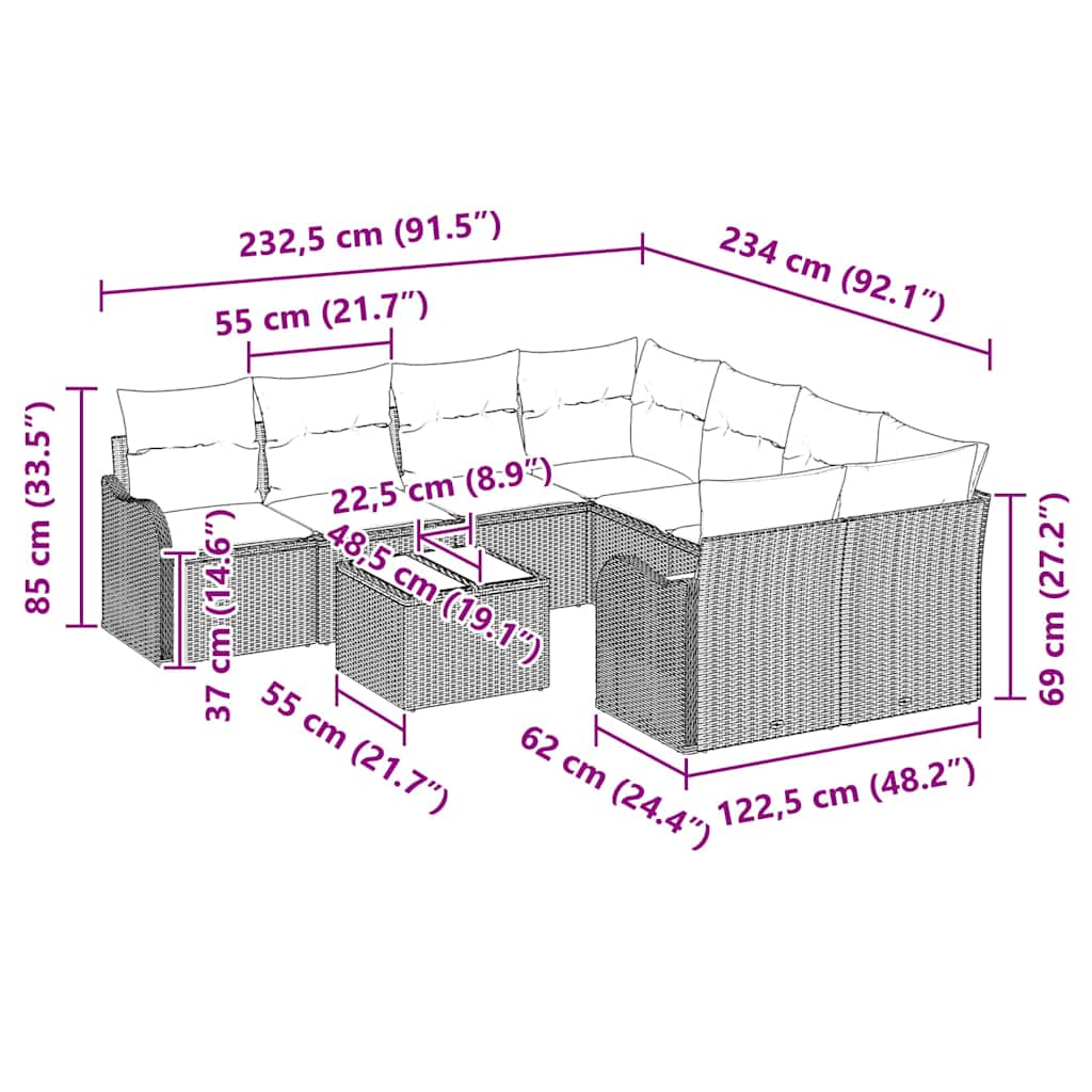 Garden Sofa Set 9 pcs Grey 55 x 55 x 37 cm Poly rattan