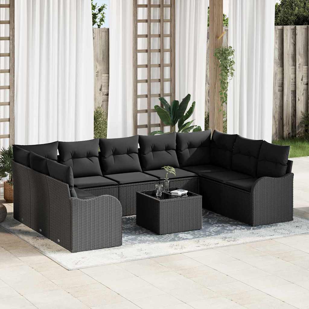 Garden Sofa Set with Cushion 10 pcs Black Poly rattan