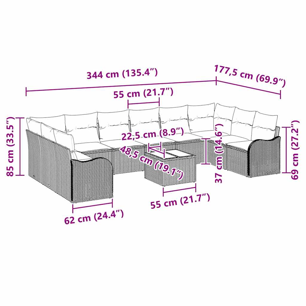 Garden Sofa Set Black 55 x 55 x 37 cm Poly Rattan