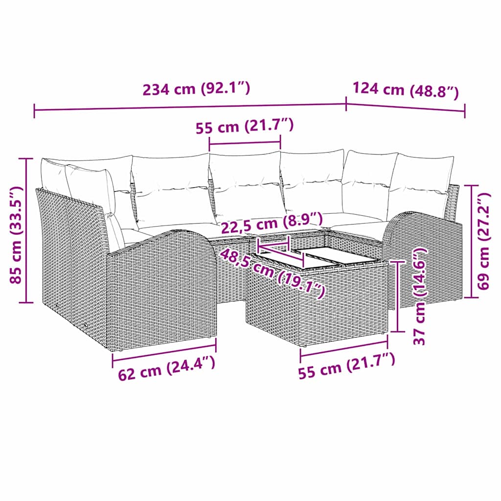 Garden Sofa Set 7 pcs Black 55 x 55 x 37 cm Poly rattan