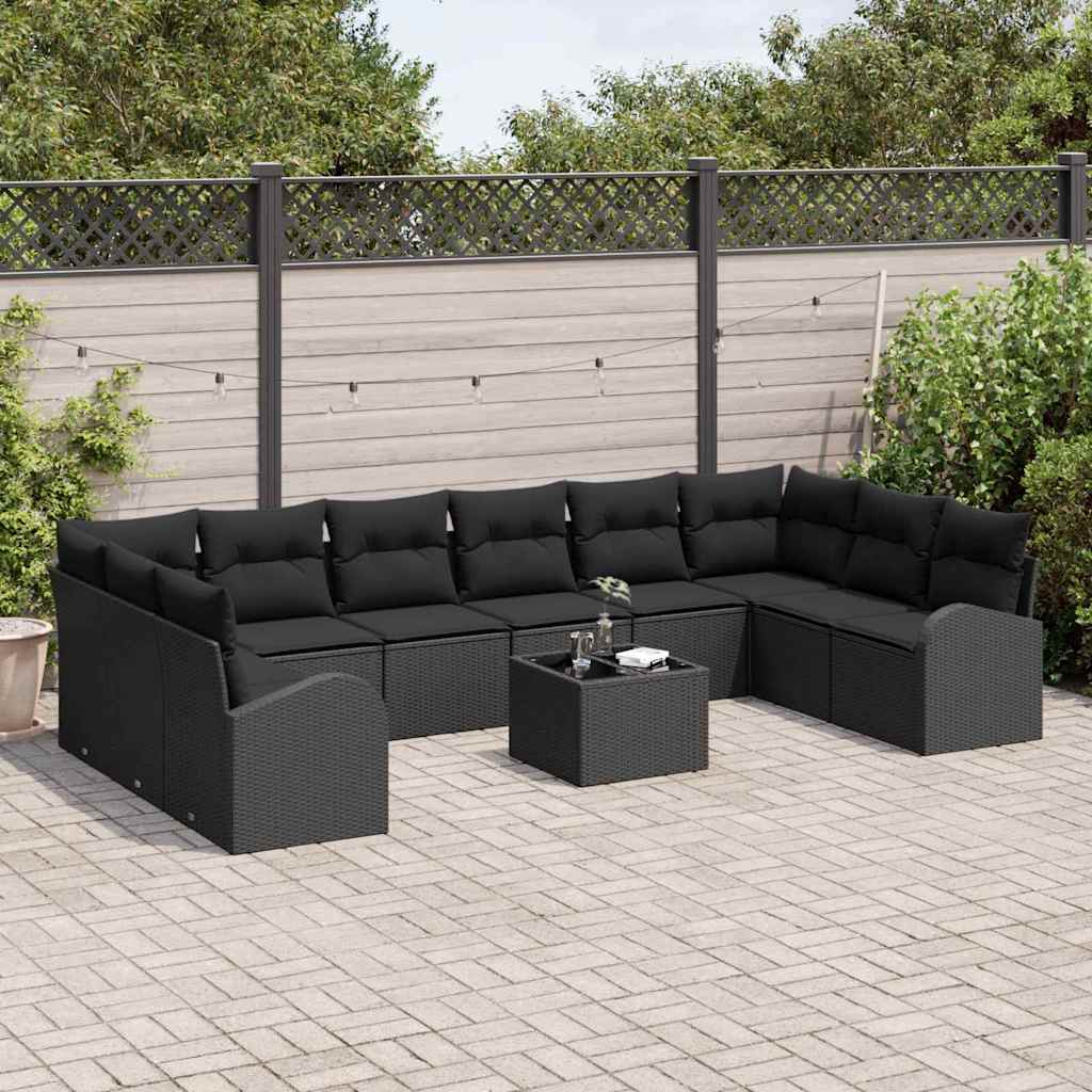 Sofa Set with Cushion 11 pcs Black Poly Rattan