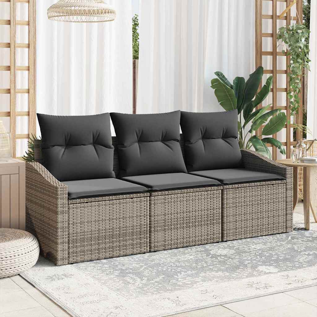 Sofa Set with Cushion 3 pcs Grey Poly Rattan