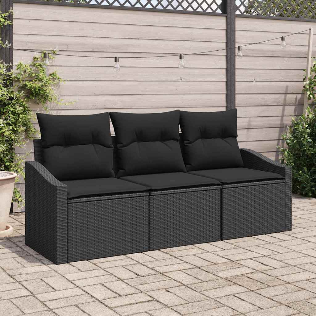 Sofa Set with Cushion 3 pcs Black Poly Rattan
