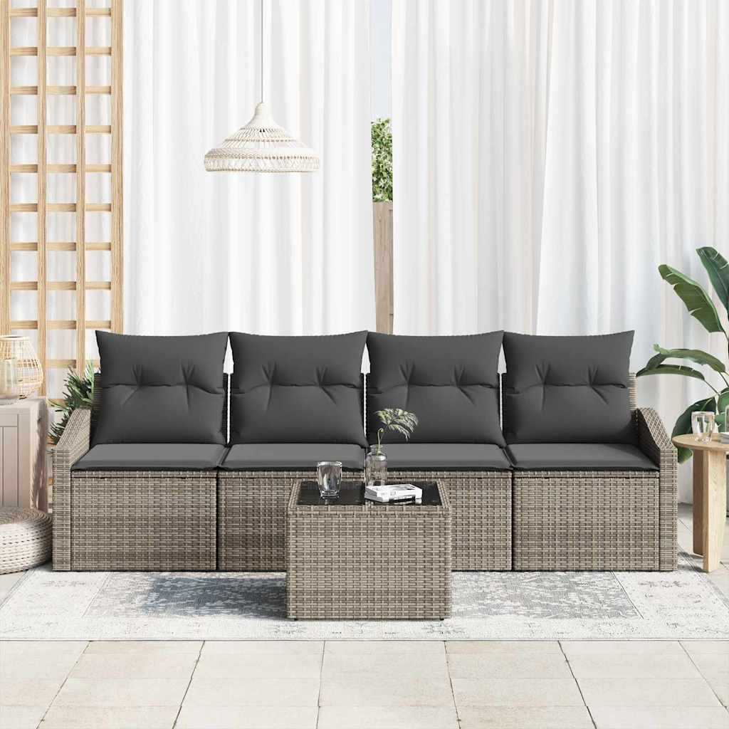 Sofa Set with Cushion with Pillow 5 pcs Grey Poly Rattan