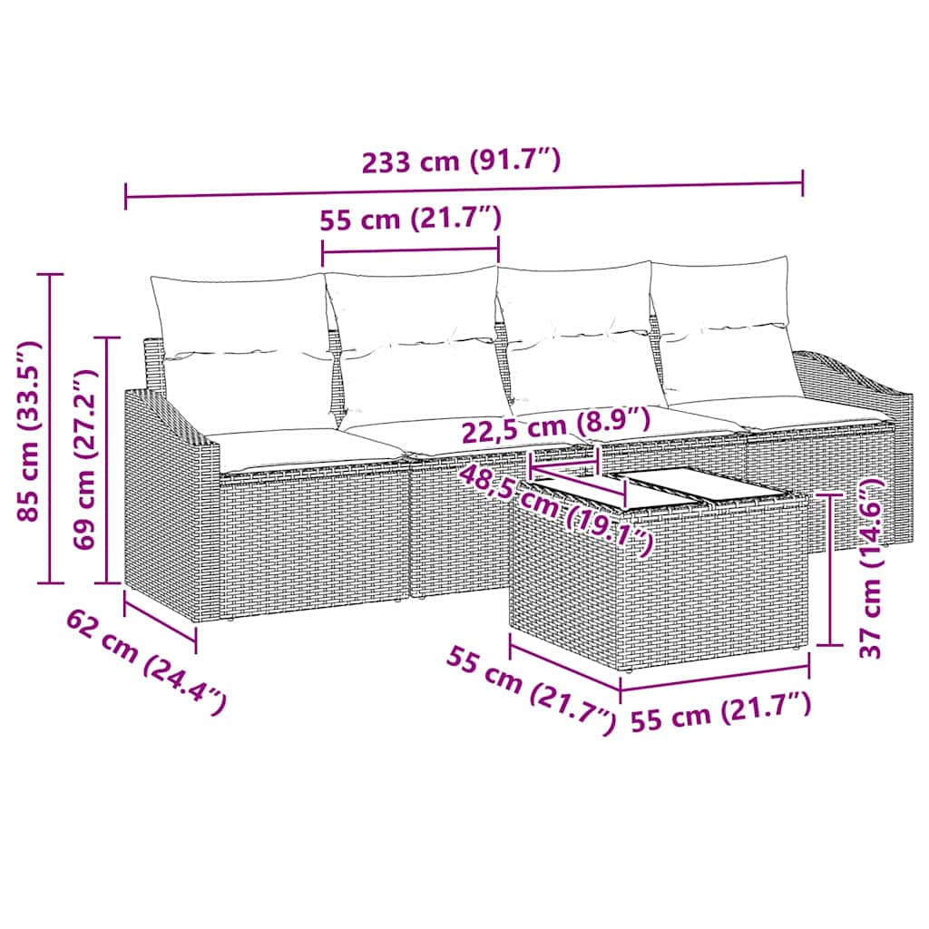 Garden Sofa Set with Cushion Manual 5 pcs Black 55 x 55 x 37 cm