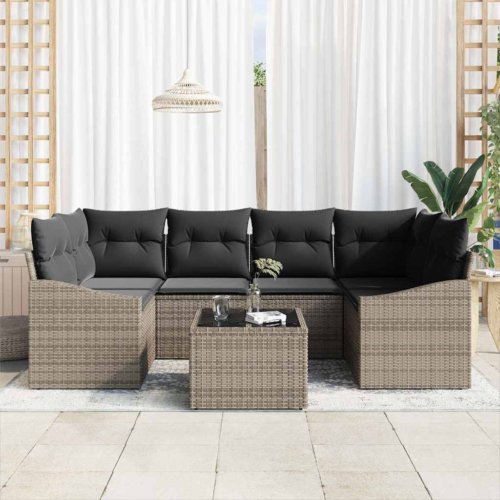 Sofa Set with Cushion with Pillow 7 pcs Grey Poly Rattan