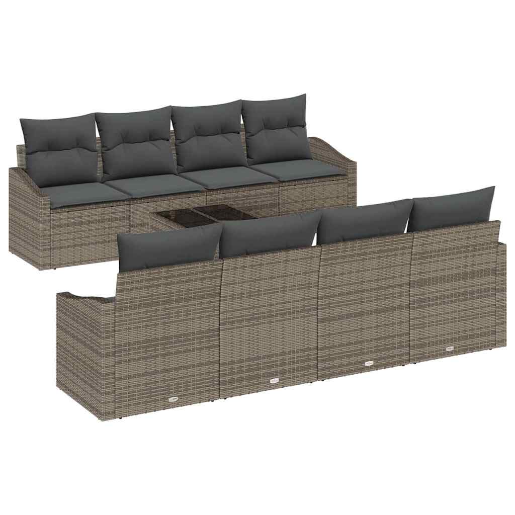 Sofa Set with Cushion with Pillow 9 pcs Grey Poly Rattan