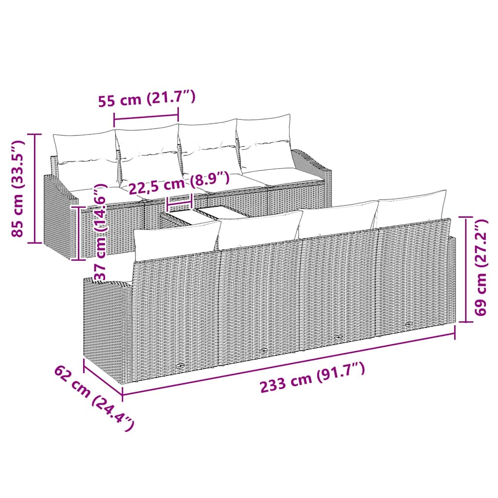 Garden Sofa Set with Cushion Manual 9 pcs Grey 55 x 55 x 37 cm