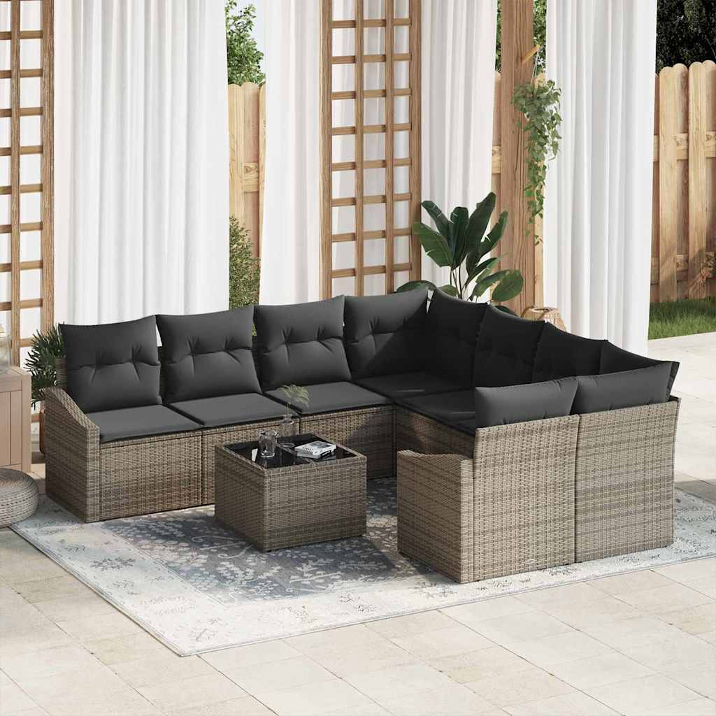 Sofa Set with Cushion Manual with Pillow 9 pcs Grey Poly Rattan