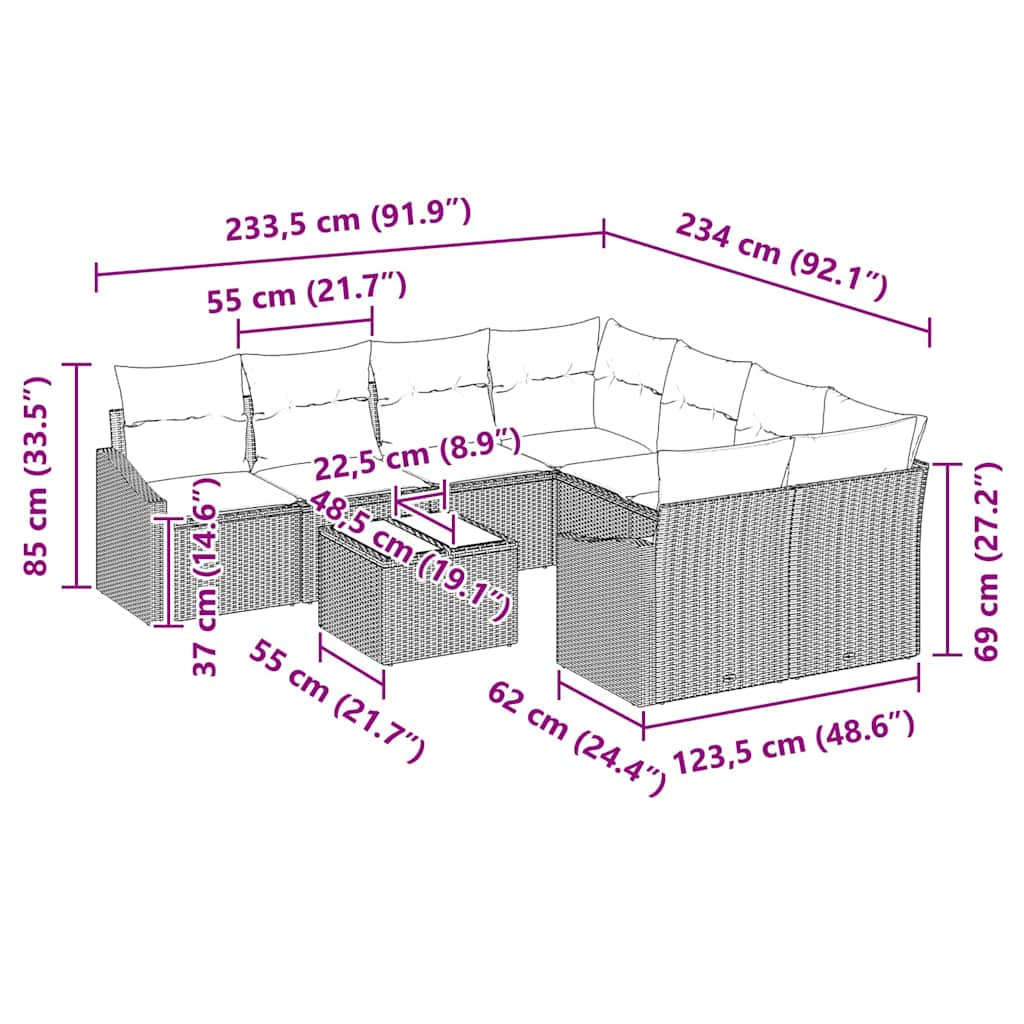 Garden Sofa Set with Cushion Manual 9 pcs Grey 55 x 55 x 37 cm