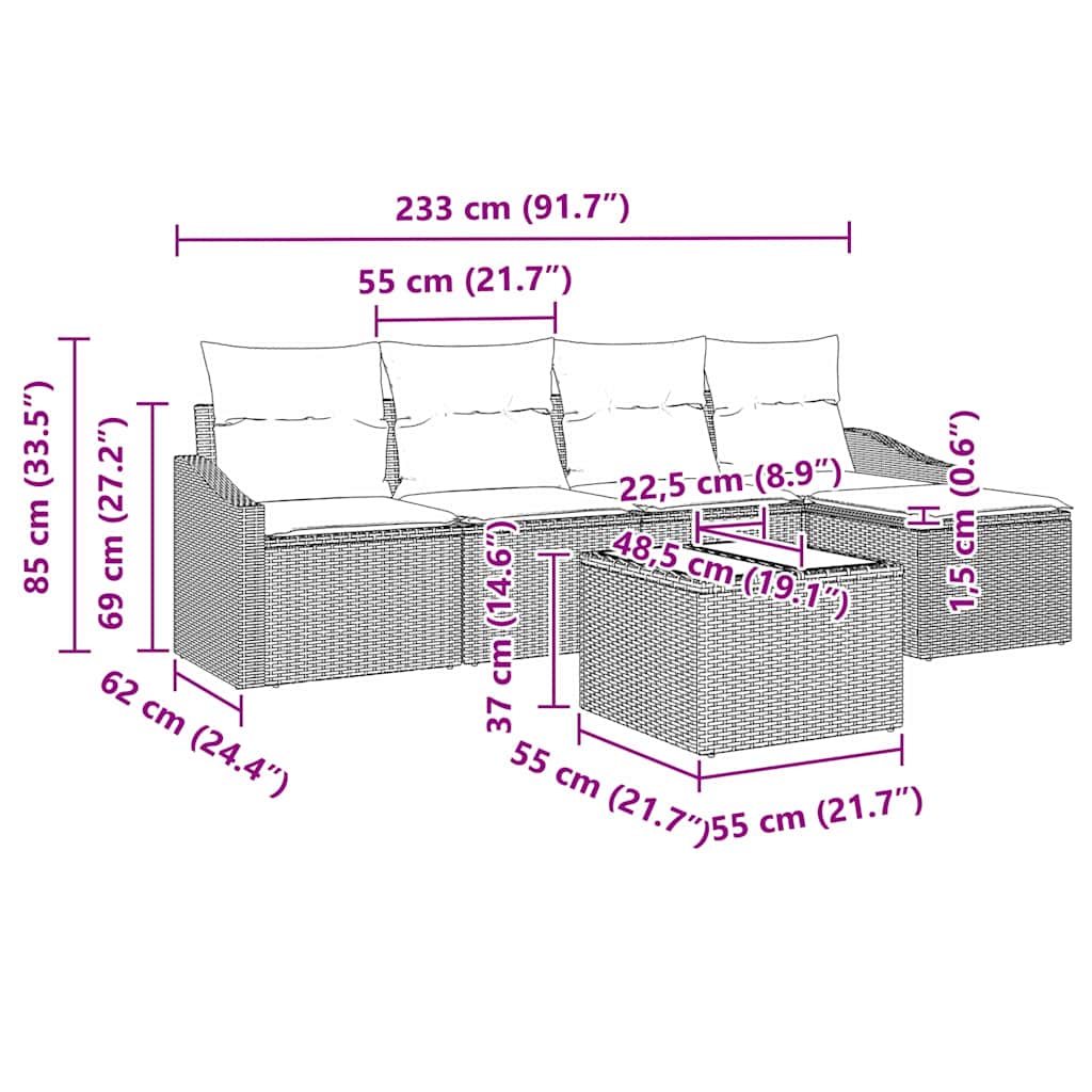 Sofa Set with Cushion 6 pcs Grey Poly Rattan