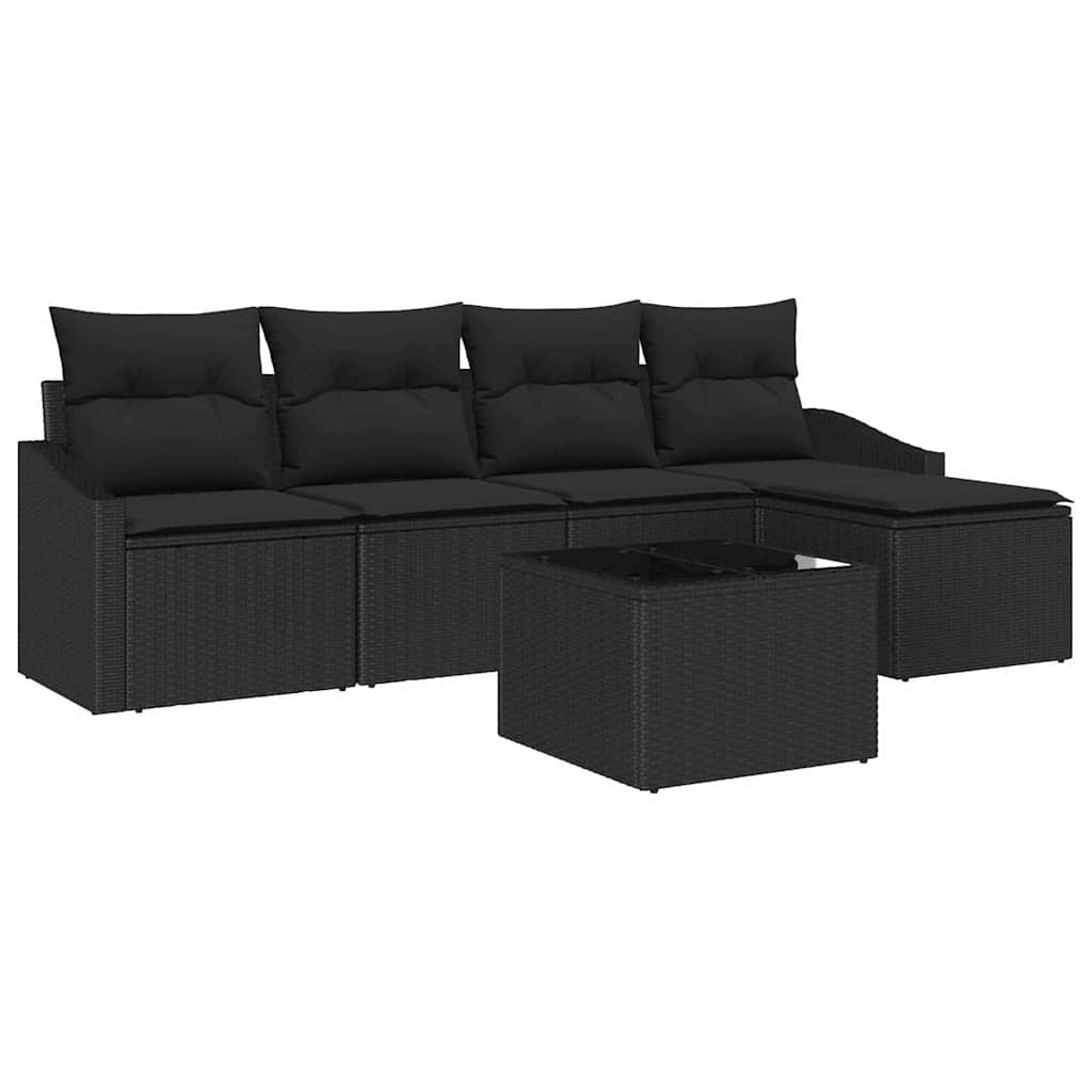 Sofa Set with Cushion 6 pcs Black Poly Rattan