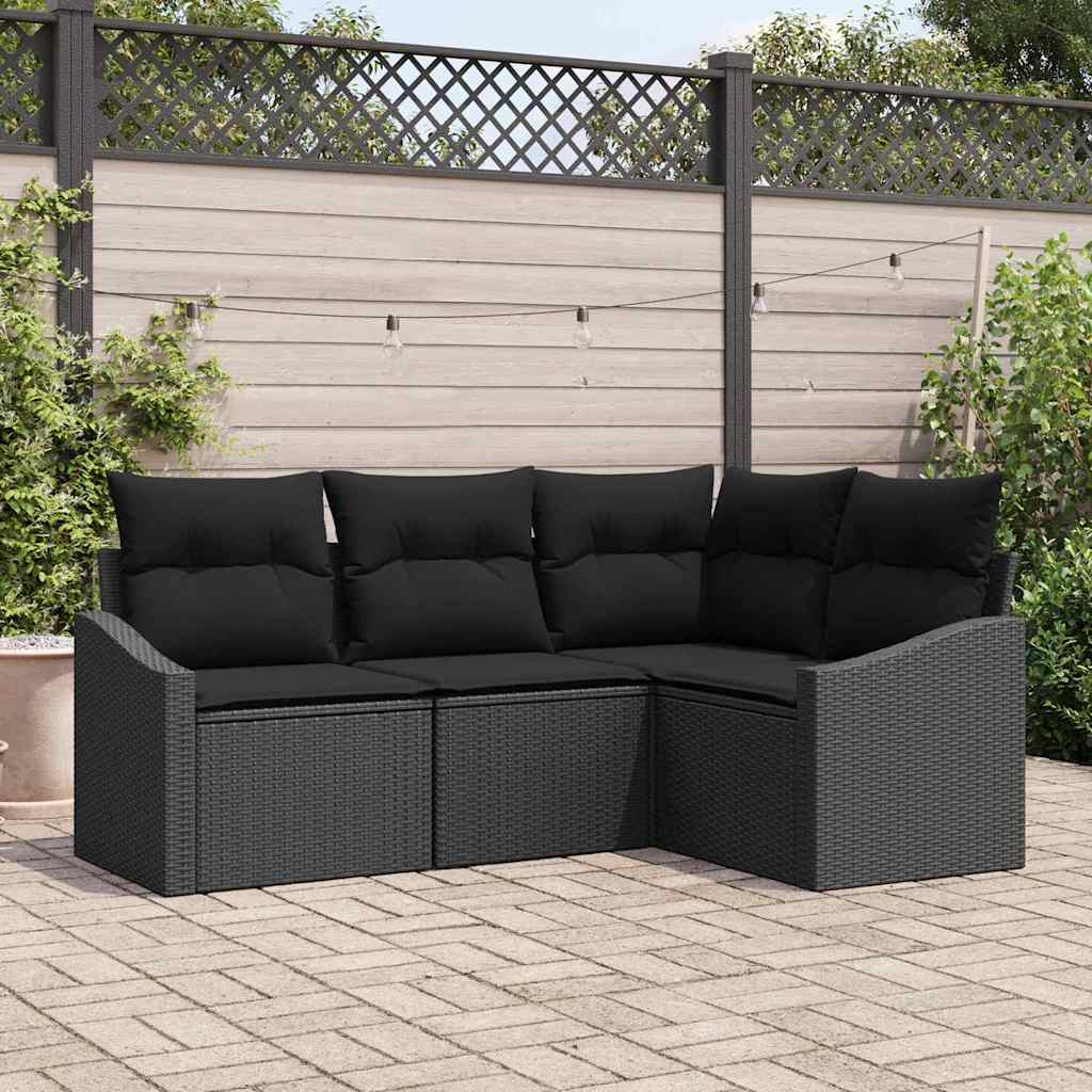 Sofa Set with Cushion 4 pcs Black Poly Rattan
