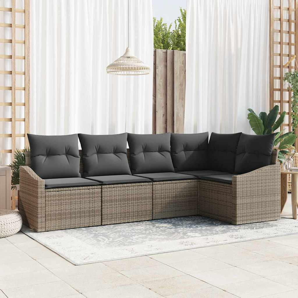 Sofa Set with Cushion 5 pcs Grey Poly Rattan