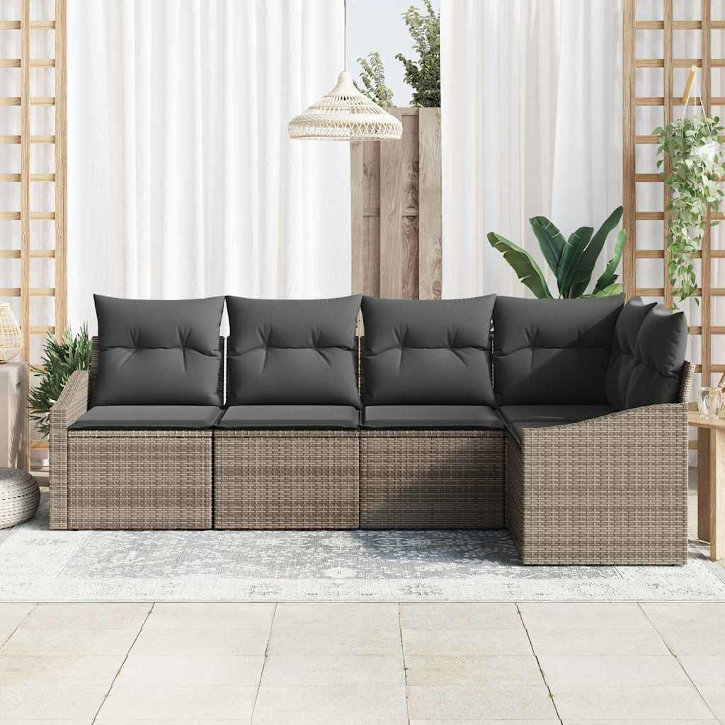 Sofa Set with Cushion 5 pcs Grey Poly Rattan