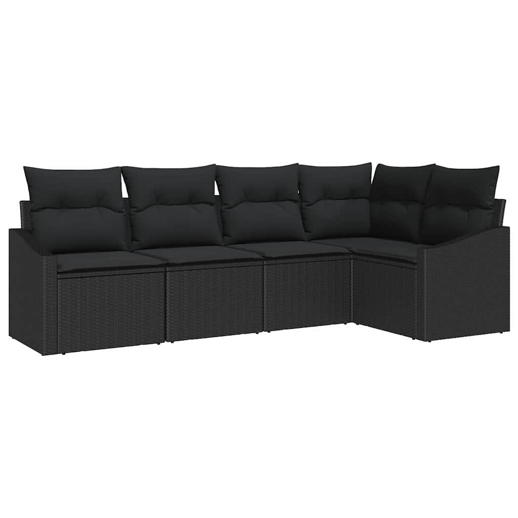 Sofa Set with Cushion 5 pcs Black Poly Rattan