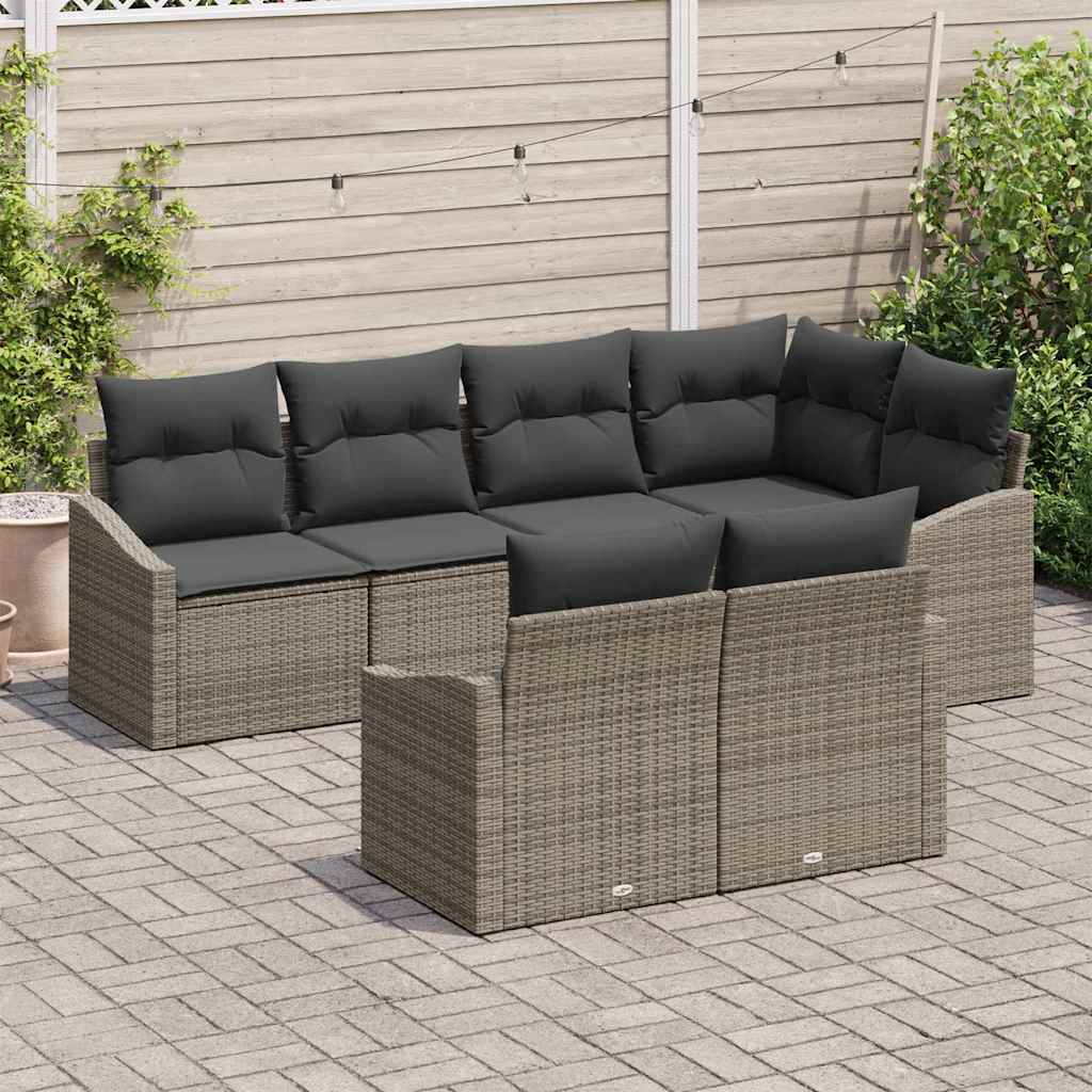Sofa Set with Cushion 7 pcs Grey Poly Rattan