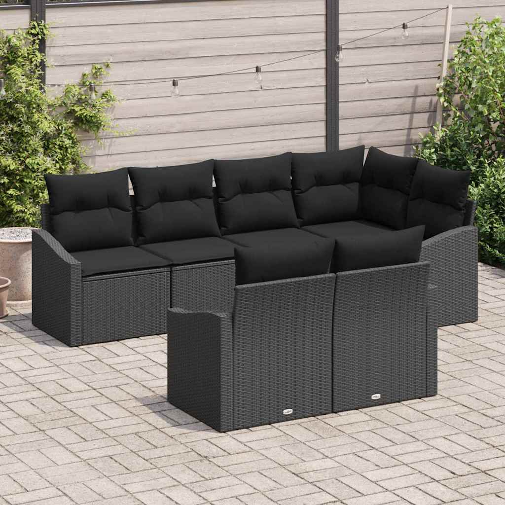 Sofa Set with Cushion 7 pcs Black Poly Rattan