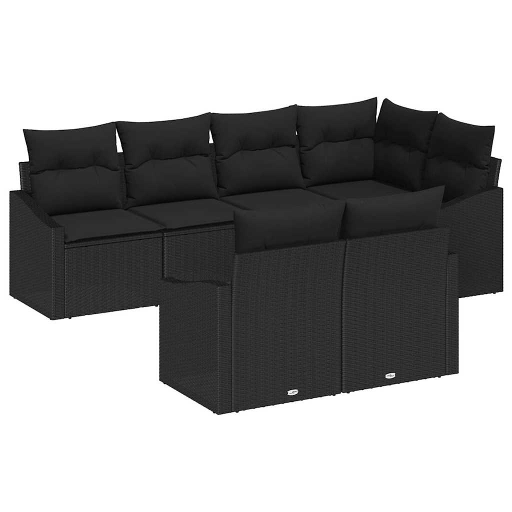 Sofa Set with Cushion 7 pcs Black Poly Rattan