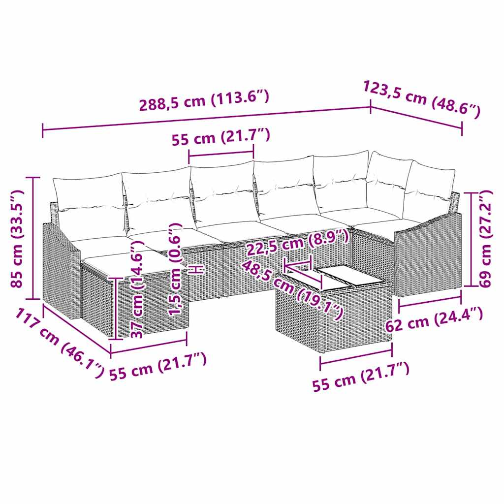 Sofa Set with Cushion 8 pcs Black Poly Rattan