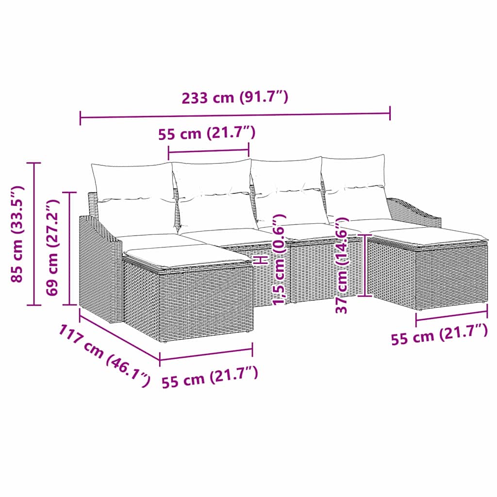 Sofa Set with Cushion 6 pcs Black Poly Rattan