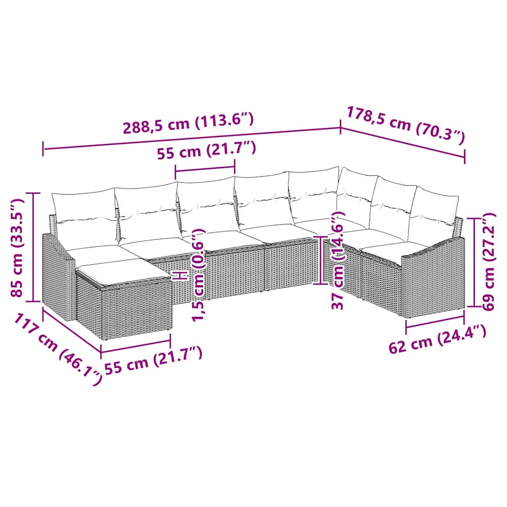 Sofa Set with Cushion 8 pcs Grey Poly Rattan