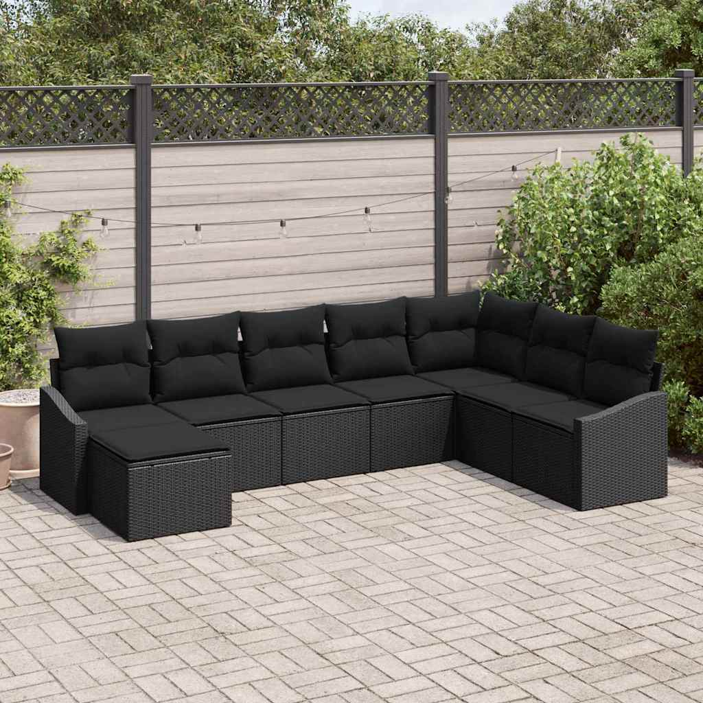 Sofa Set with Cushion 8 pcs Black Poly Rattan